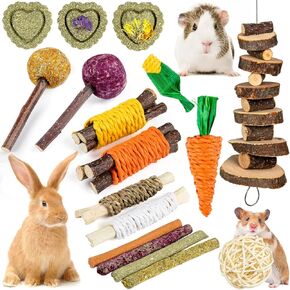 ألعاب أرنب Sofier Bunny Toys Guinea Pig Toys 17pcs Timothy Hay الطبيعية يعالج ألعاب الهامستر للأسنان يدويًا أرنبًا مصنوعًا ويمضغ شينشيلا فأر