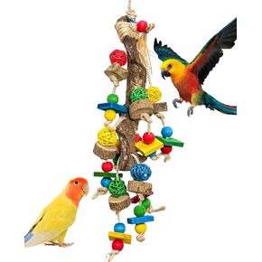 Retro Style Bird Toys, Parrot chew Toys, Colored Wood Blocks with Original Tree Branches and Rattan Balls, Suitable for Macaws, African Grey Parrots and Large, Medium and Small Parrots