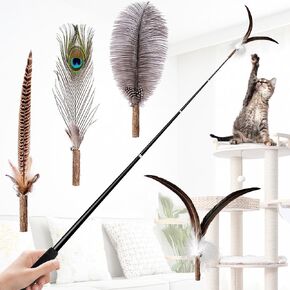 JXFUKAL 2025 Latest Cat Wand Toy, 68"Extra Long Cat Fishing Pole Toy, 4PCS Natural Huge Feather Refills with Silvervine Sticks for Indoor Cats Kitten Kitty Teeth Cleaning Exercise Cat Accessories
