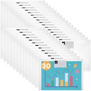 30Pcs Plastic Envelopes Poly Envelopes File Folders with Snap Button Closure, Clear Plastic File Folder for Document, Folders Plastic Envelopes A4 Letter Size for School Home Work Office Organization