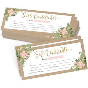 Hadley Designs 25 4x9 Rustic Floral Blank Gift Certificates for Business Gifts for Clients, Christmas, Restaurant Gift Certificates for Spa Salon Gift Certificates