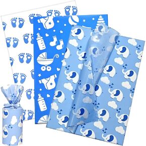 Baby Blue Tissue Paper 28x20 inch, 30 Sheets Large Baby Boy Gift Wrap Tissue Paper for Gift Bag & Packaging, Cute Elephant Footprint Cloud print Art Tissue for Baby Shower, Birthday, Anniversary Craft