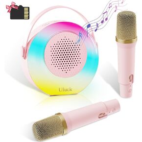 Mini Karaoke Machine with 2 Wireless Microphones, Bluetooth Karaoke Speaker with LED Lights for Home Party, 50 Pre-Loaded Songs Birthday Gifts for Girls 4-12 Years Old Toddler Teens, Pink