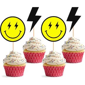 One Happy Dude Cupcake Topper - 24Pack Yellow Smiling Face and Black Lightning Cupcake Picks, 1st Birthday Party Cupcake Decor