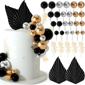 NEBURORA 64 Pcs Balls Cake Toppers and Leaves Decoration Set Mini Balloons for Cake Decorating Supplies Balls Cake decorations for Baby Shower Cake Toppers Birthday Cake Decorations (Green Gold）