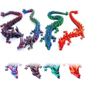 3D Printed Crystal Dragon Fidget Toys, 4Pcs - 12-Inch Articulated Dragons | Flexible Dragon Toys & Collectible 3D Printed Dragons