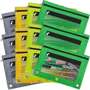 EXTRIC 3 Ring Binder Pencil Pouch with Clear Window, 12 Pack Pencil bags, 4 Color set, Durable Zippered Pouch with 2 Pockets for Student, Teacher and School Supplies