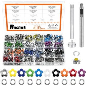 Rustark 403Pcs 4 Colors 5mm Flower Eyelet Grommets Assortment Kit with 3Pcs Grommet Setting Tools, Floral Metal Eyelets Grommet Flower Shaped Craft Eyelet Findings for Shoes Clothes Leather DIY Craft