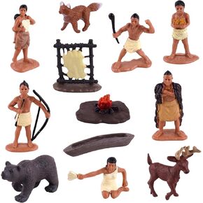 Native American Figurines Set Miniture Indian Figure Toys Indian Figurines for Kids Indian Figures Playset Includes Camp Fire Deer Bear Fox for Birthday Decoration School Projects - 12 Pcs