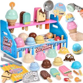 Toyssa Wooden Ice Cream Toys Playset for Toddlers 3-5, Pretend Play Store for Kids Kitchen with Toppings & Scoop & Fake Money, Play Food Toys Christmas Birthday Gifts for Girls Boys 3 4 5 6 Years Old