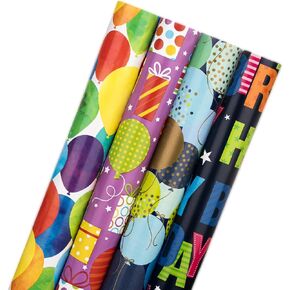JUSTASHOW Birthday Wrapping Paper, 4 Rolls Happy Birthday Gift Wrap Papers, 17x118 Inches Per Roll Gift Wrapping Paper for Holiday, Party, Baby Shower