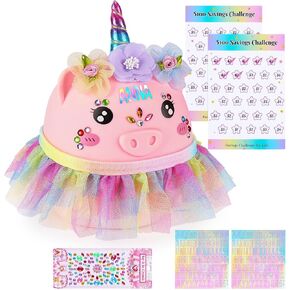 Piggy Bank for Kids Girls, Unbreakable Money Coin Bank with Flower Alphbet Sticker and Money Saving Challenge Cards