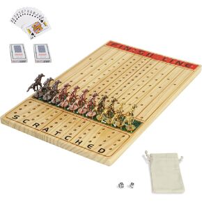 Horse Race Board Game Racing Game Thickened Solid Wood with 11 Luxurious Durable Classic Metal Horses with 4 Dice and 2 Boxes of Cards Horse Racing Game (Log Color, Rectangle)