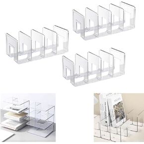 Clear Acrylic Desk File Sorter, Sturdy Vertical Desktop File Organizer, Purse Handbag Organizer Clutch Divider, File Folder Rack for Letter Cookbooks Home Office Kitchen Supplies (4 Sections, 3 Pack)