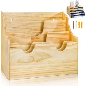 Horizontal File Folder Holder Organizer, Bamboo Wall Mount Wooden Mail Sorter Organizer with 5 Dividers, 4 Tier Desktop Paper Document Holder Stand for Office, Home, School