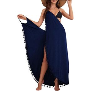 Milumia Women's Tassel Trim Wrap Beach Cover Up Long Dress Sleeveless Bikini Coverups Kmono