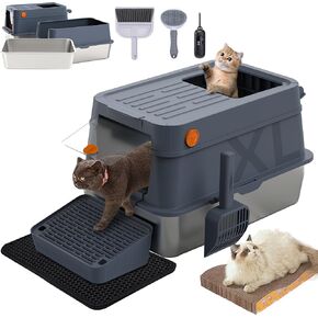 Stainless Steel Litter Box with Lid, 3-in-1 Open & Enclosed Cat Litter Boxes, Non-Stick & Anti-Leakage XL Metal Litter Box, Easy Cleaning & Odor-Free Design for Multiple Cats