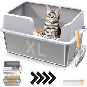 XL Stainless Steel Sifting Cat Litter Box with Sifting Box & Bottom Pan, Sifting Cat Litter Pan High Side, No Mess, Nnti-Odor, Easy to Clean, Metal Cat Litter Box with 1 Metal Scooper & 10 Liner