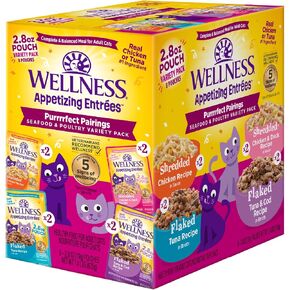 Wellness Appetizing Entrées Flaked & Shredded Adult Wet Cat Food, Natural, Protein-Rich, Grain Free, 2.8 Ounce Pouch, 8 Pack (Seafood & Poultry Variety Pack)