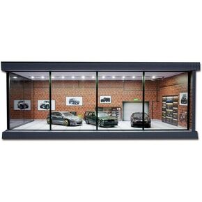1/64 Diorama Car Garage Model,with LED Lighting City Car Showroom Model Car Parking Lot Storage Model,for 1/64 Scale Diecast Model Car,Scene Display Model Collection Gift (Red Brick)
