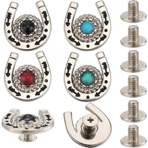 CRASPIRE 1 Box 8 Sets Horseshoe Screw Back Buttons Western Cowboy Style Decorative Leather Buckles 19mm Turquoise Gemstone Conchos Metal Vintage Retro Castings Rivets Studs for DIY Craft Fabrics
