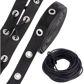 PH PandaHal 5 Yards Black Eyelet Trim with Grommets, 20mm Leather Eyelet Grommet Tape with 6mm Silver Hole 10.9 Yards Leather Cord String Threads for Sewing Garment Corset Shirt Dress Skirt Jacket