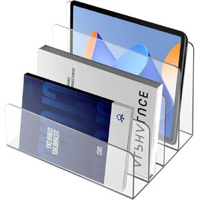 4 Compartments Acrylic File Organizer for Desk, Mail Organizer Letter Holder, Vertical Letter Holder, Acrylic Desk Organizer for Document, Notebook, Letter, 9" x 7" x 7"