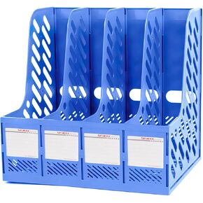 SAYEEC Magazine File Holder, Plastic Desktop File Folder Organizer with 4 Large Compartments, Vertical Desk Binder Organizer Office Organization and Storage File Holder for Desk, School, Home (Black)