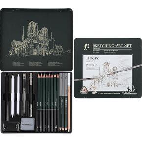 CXGFVRE 19 Piece Set Drawing and Sketch Pencils Kit, Charcoal drawing pencils Set, Black & White Charcoal Pencils for Drawing, Sketching, Shading, Blending, art supplies for Beginners & Pro Artists