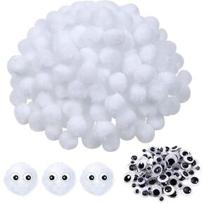 TOAOB 200pcs White Pompoms with 100pcs Googly Eyes 1 Inch Fuzzy Pom Poms Balls Arts and Crafts Supplies for DIY Crafts Decorations