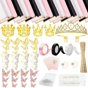 TKNOUS DIY Bouquet Accessories 60 Sheets Flower Bouquet Wrapping Paper 308 PCS Money Bouquet Kit with Waterproof Wrapping Paper Butterfly Pins Ribbon Crowns Transparent Tape Sticks Card
