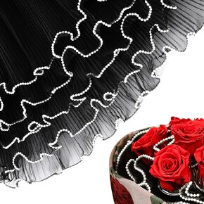 4.37 Yards Flower Wrapping Mesh Paper Pearl Edge, Black Floral Wrinkled Wavy Net Yarn, Flower Bouquet Accessories for DIY, Wedding Decoration, Valentine's Day Florist Supplies