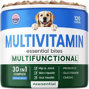 Dog Vitamins & Supplements Chewable - Glucosamine Omega Probiotics - Dog Vitamins for Skin & Coat, Hip & Joint & Gut Health - Adult & Senior, Small & Large Breed - 120 Ct Beef