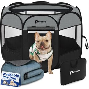 Dog Cat Playpen Indoor Outdoor for Puppy Pet Dog Cat Travel and Recovery After Surgery, Dog Enclosure Tent Crates Cage, Portable Pop Up Dog Kennel with Carrying Case(Grey, Small with Pad)