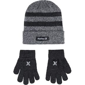 Hurley Boy's Striped Beanie and Gloves 2 Piece Set (Obsidian(9A7115-695)/Orange, 8-20)