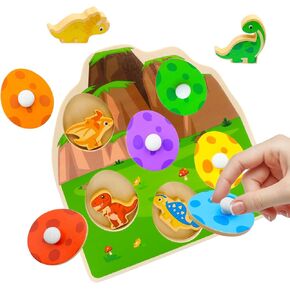 Wooden Puzzles for Toddler, Montessori Toys for Baby Kids, Dinosaur Matching Egg Peg Puzzle for Boys Girls, Preschool Learning Activities Easter Birthday Gifts