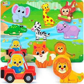 Jumbo Wooden Puzzles, Wild Animals Puzzle Board Educational Toy for Toddlers Ages 2 3 4 5, Fun Montessori Toys for Boys and Girls, Toddler Learning Wooden Puzzles for Kids by Lucas & Friends