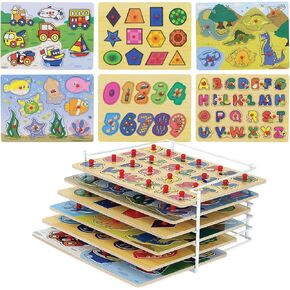 Etna Products Wooden Puzzles Set, Includes 6 Educational Puzzles and Wire Storage Rack - ABC, Numbers, Shapes, Vehicles and Animals - For Kids Age 3 Plus