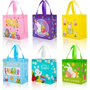 JWSCYSY 6Pcs Easter Non-woven Bags with Handle, Happy Easter Gift Bags for Kids, Treat Bags Rabbit Bunny, Reusable Easter Goodie Bags-Waterproof