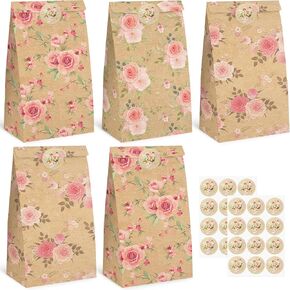 VGOODALL 24PCS Floral Gift Bags, Kraft Paper Treat Bags Party Favor Bags Lunch Bags with Stickers for Weddings Birthday Baby Shower Party Supplies