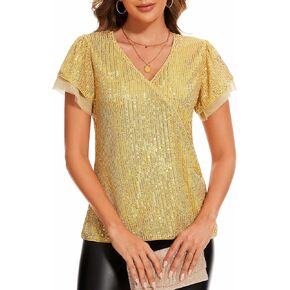 Genhoo Womens Sparkly Sequin Tops Dressy 3/4 Sleeve V Neck Wrap Shimmer Glitter Blouse for Evening Party Club Cocktail