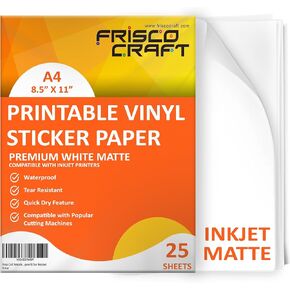 Frisco Craft Premium Printable Vinyl Sticker Paper for Inkjet Printers - Matte, 8.5" x 11" (A4) - Water-Resistant, Durable, Easy-Peel Sheets for Custom Labels, Decals, & Stickers (25 Sheets)