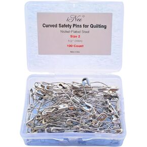 iNee Curved Safety Pins, Quilting Basting Pins, Nickel-Plated Steel, Size 2, 100 Count