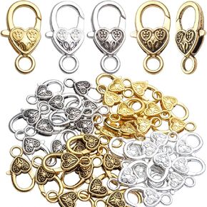 Heart Lobster Claw Clasps, 40pcs Tibetan Alloy Heart Lobster Claw Clasps Hooks Vintage Antique Heart Lobster Claw Clasp Cord End for Jewelry Making, 4 Colors, 26x14mm