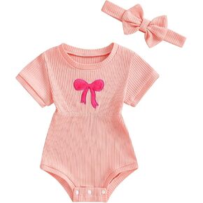 Newborn Baby Girl Clothes Summer Short Sleeve Jumpsuit Romper with Bow Headband Knit Ribbed Outfits in Kuwait
