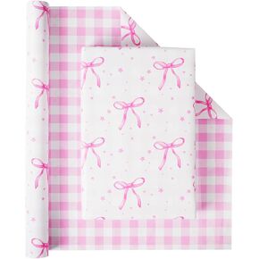 JOCOPUERTO Pink Bow Reversible Wrapping Paper Roll - Mini Roll - 1 Roll 17" x33ft Pink Bow Birthday Wrapping Paper Roll for Girls Kids Pink and White Plaid Design Gift Wrap Paper Pink Bow Party Favor