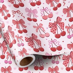 RUSPEPA Cherry Bow Wrapping Paper Roll, Mini Roll, Romantic Cherry Bow Tie Ribbon Gift Wrap, Pink and Red Wrap Paper for Girl Birthday, Valentine's Day, Bachelorette, Anniversary, 17 Inch x 9.8 Feet