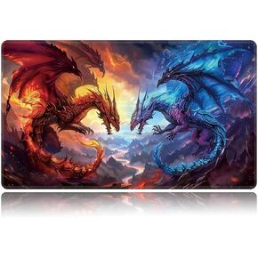 Playmat for MTG, Card Game Mat Non-Slip Rubber Base and Stitched, 24 x 14 inch TCG Play Mat for MTG and Other Card Games (NO Zones), Red Dragon Blue Dragon