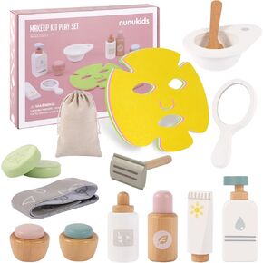 Wooden Makeup Toy Set, 3-6 Year Old Toddler Makeup Kit Pretend, Care Learning Preschool Toys, Fake Makeup Kit for Beauty Salon, Wooden Skincare Toy Set with Facial Mask for Christmas Birthday Gift