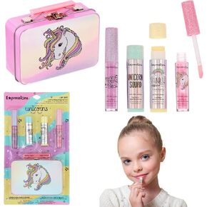 EXPRESSIONS - 5pc Cosmetics Lip Kit For Kids w/Lip Glosses, Lip Balms & Tin Box Storage Case,I Believe in Unicorns Hologrpahic,Washable + Non Toxic